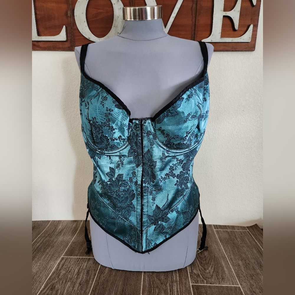Teal Damask Floral Bustier Corset with Garters - Size 44